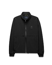 Black Mens Javier Windbreaker Jacket with a classic fit, smooth fabric, full zip, stand collar with neon green accent, elastic cuffs and hem, and a small dark grey embroidered Psycho Bunny skull logo on the left chest. (5)