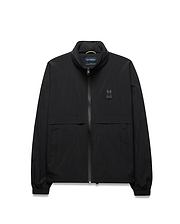 Black Mens Javier Windbreaker Jacket with a classic fit, smooth fabric, full zip, stand collar with neon green accent, elastic cuffs and hem, and a small dark grey embroidered Psycho Bunny skull logo on the left chest. (5)