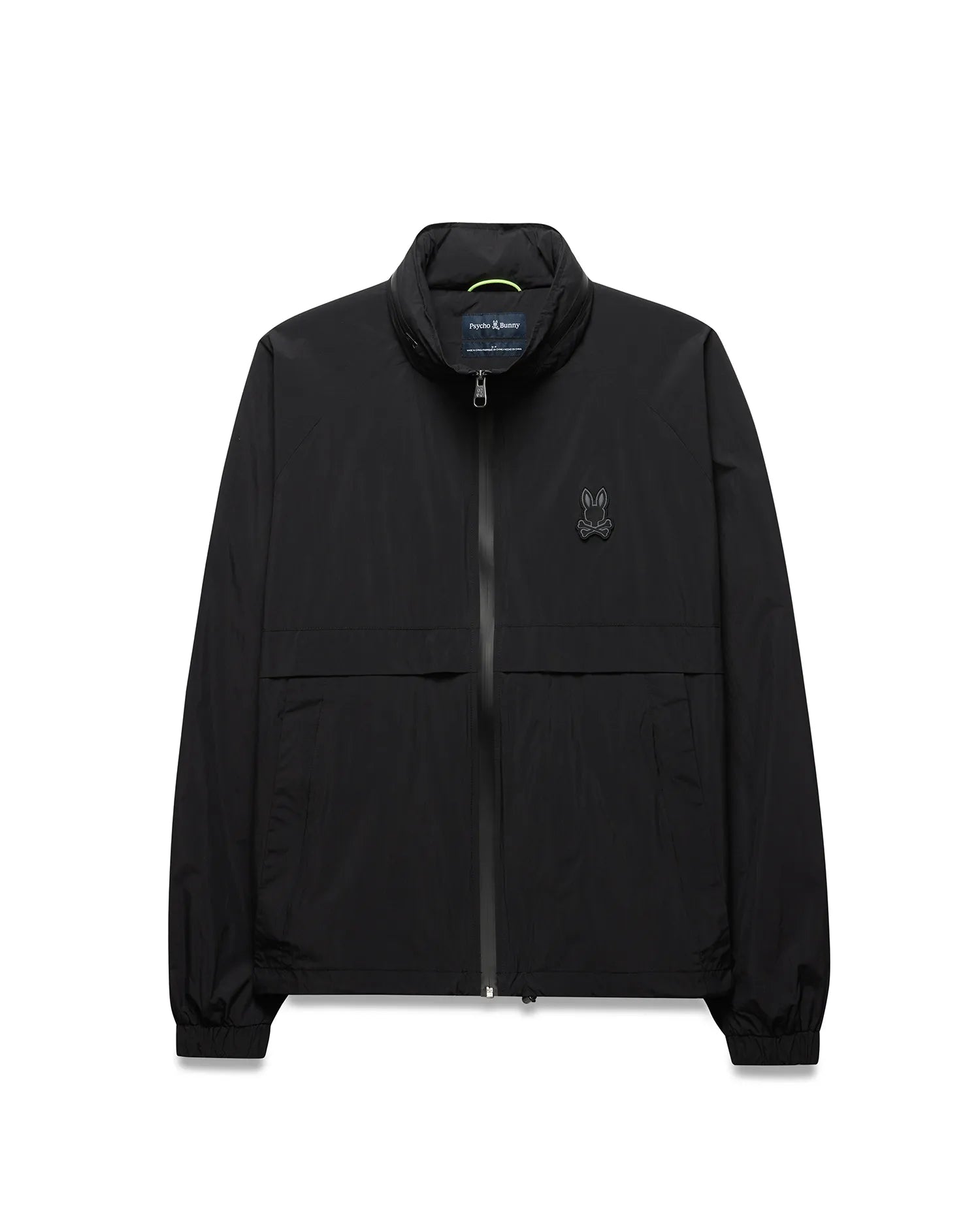 Black Mens Javier Windbreaker Jacket with a classic fit, smooth fabric, full zip, stand collar with neon green accent, elastic cuffs and hem, and a small dark grey embroidered Psycho Bunny skull logo on the left chest. (5)