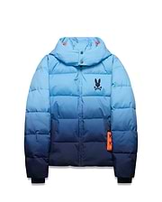 Men's Solan Puffer Jacket, an ombre light blue to navy quilted design with a hooded collar, small embroidered black Psycho Bunny skull logo on the left chest, and an orange branded tag. (5)