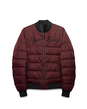 Men's Angus Reversible Bomber in maroon, featuring a quilted design, black ribbed collar, cuffs, and hem, with a large black embroidered Psycho Bunny script logo across the chest and black zip pockets. (5)