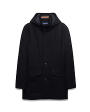 Mens Luther Wool Blend Coat, black, classic fit, hooded with button-front, two patch pockets, tonal embroidered bunny skull on right pocket, navy hood lining with orange/grey striped trim.