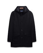 Mens Luther Wool Blend Coat, black, classic fit, hooded with button-front, two patch pockets, tonal embroidered bunny skull on right pocket, navy hood lining with orange/grey striped trim.