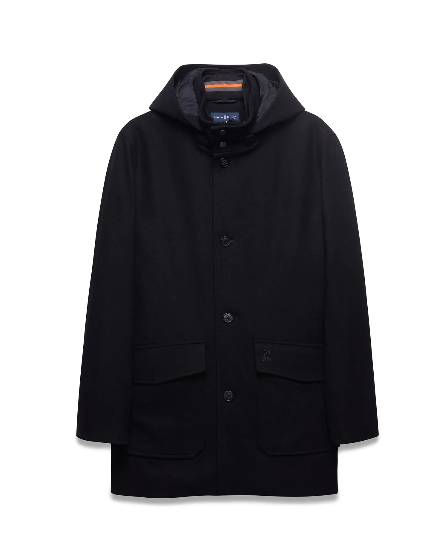 Mens Luther Wool Blend Coat, black, classic fit, hooded with button-front, two patch pockets, tonal embroidered bunny skull on right pocket, navy hood lining with orange/grey striped trim.
