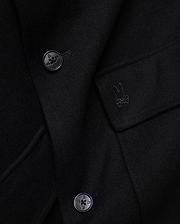 Mens Luther Wool Blend Coat, black, crafted from a smooth wool blend, featuring a tonal embroidered Psycho Bunny skull logo on the chest pocket flap and custom logo buttons.