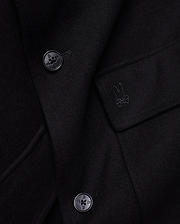 Mens Luther Wool Blend Coat, black, crafted from a smooth wool blend, featuring a tonal embroidered Psycho Bunny skull logo on the chest pocket flap and custom logo buttons.