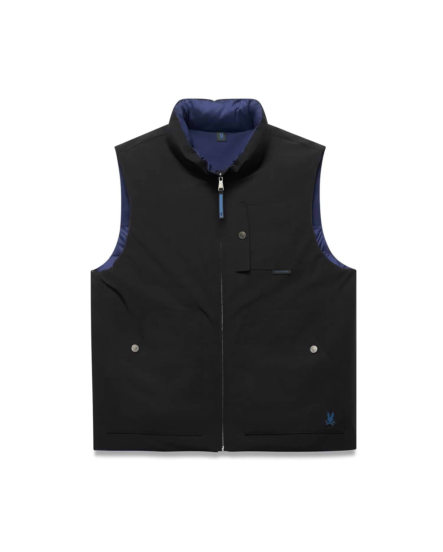 Mens Gordler Reversible Vest in black smooth fabric with a navy blue interior, featuring a full zip, stand collar, chest pocket, two lower snap pockets, and a blue embroidered Psycho Bunny skull logo.