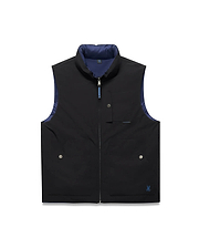 Mens Gordler Reversible Vest in black smooth fabric with a navy blue interior, featuring a full zip, stand collar, chest pocket, two lower snap pockets, and a blue embroidered Psycho Bunny skull logo.
