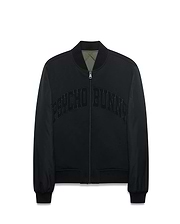 Mens Joaquin Mix Media Reversible Bomber in black with large tonal PSYCHO BUNNY chest text, full zip with skull logo pull, ribbed trim, and olive green quilted reverse side.
