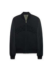 Mens Joaquin Mix Media Reversible Bomber in black with large tonal PSYCHO BUNNY chest text, full zip with skull logo pull, ribbed trim, and olive green quilted reverse side.