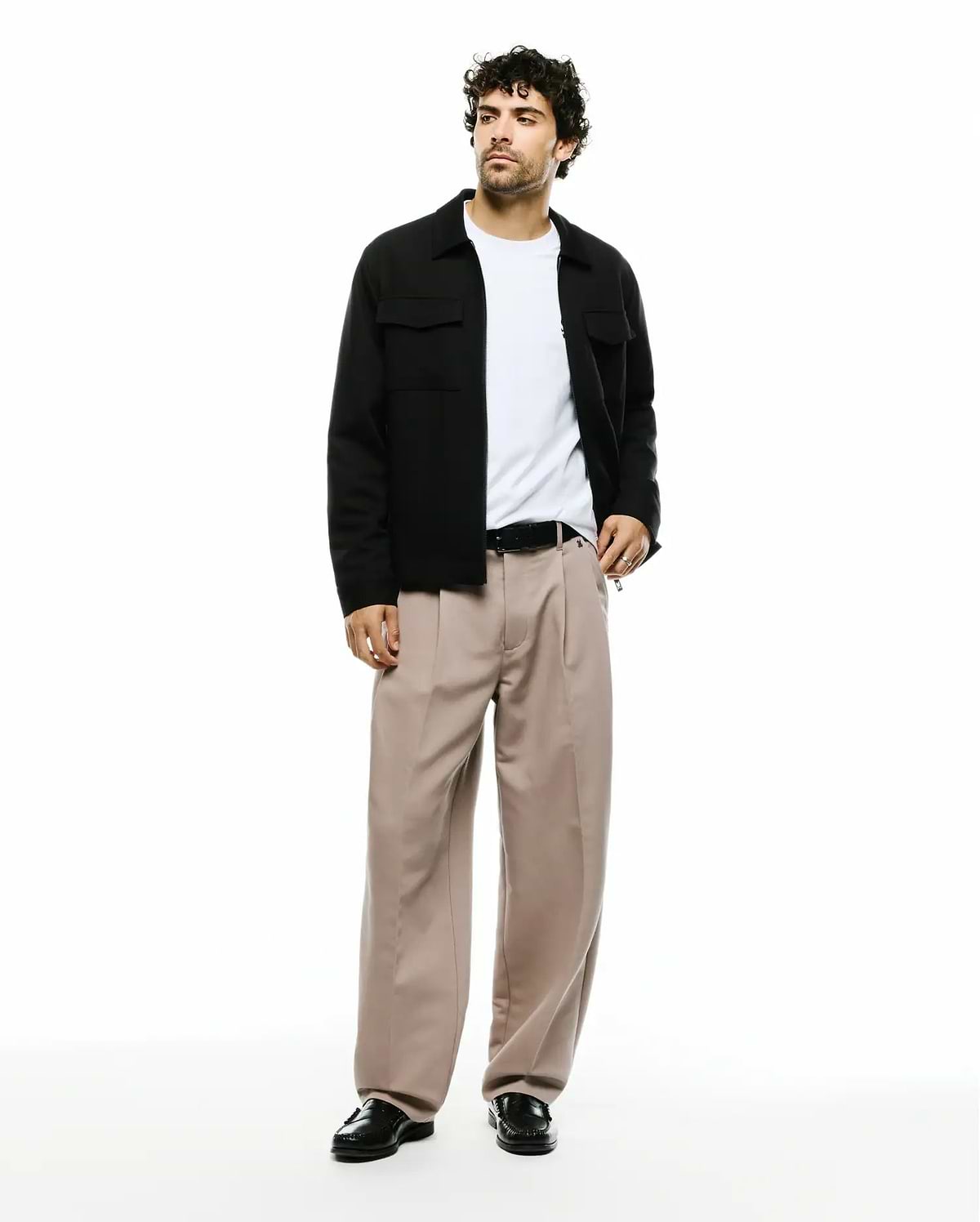 Men's Wayde Twill Overshirt: Black, relaxed fit, full-zip overshirt featuring a classic spread collar, two button-flap chest pockets, and smooth, structured twill fabric. (4)