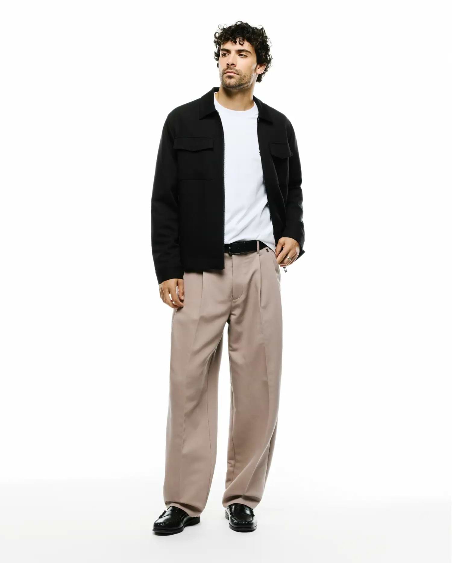 Men's Wayde Twill Overshirt: Black, relaxed fit, full-zip overshirt featuring a classic spread collar, two button-flap chest pockets, and smooth, structured twill fabric. (4)