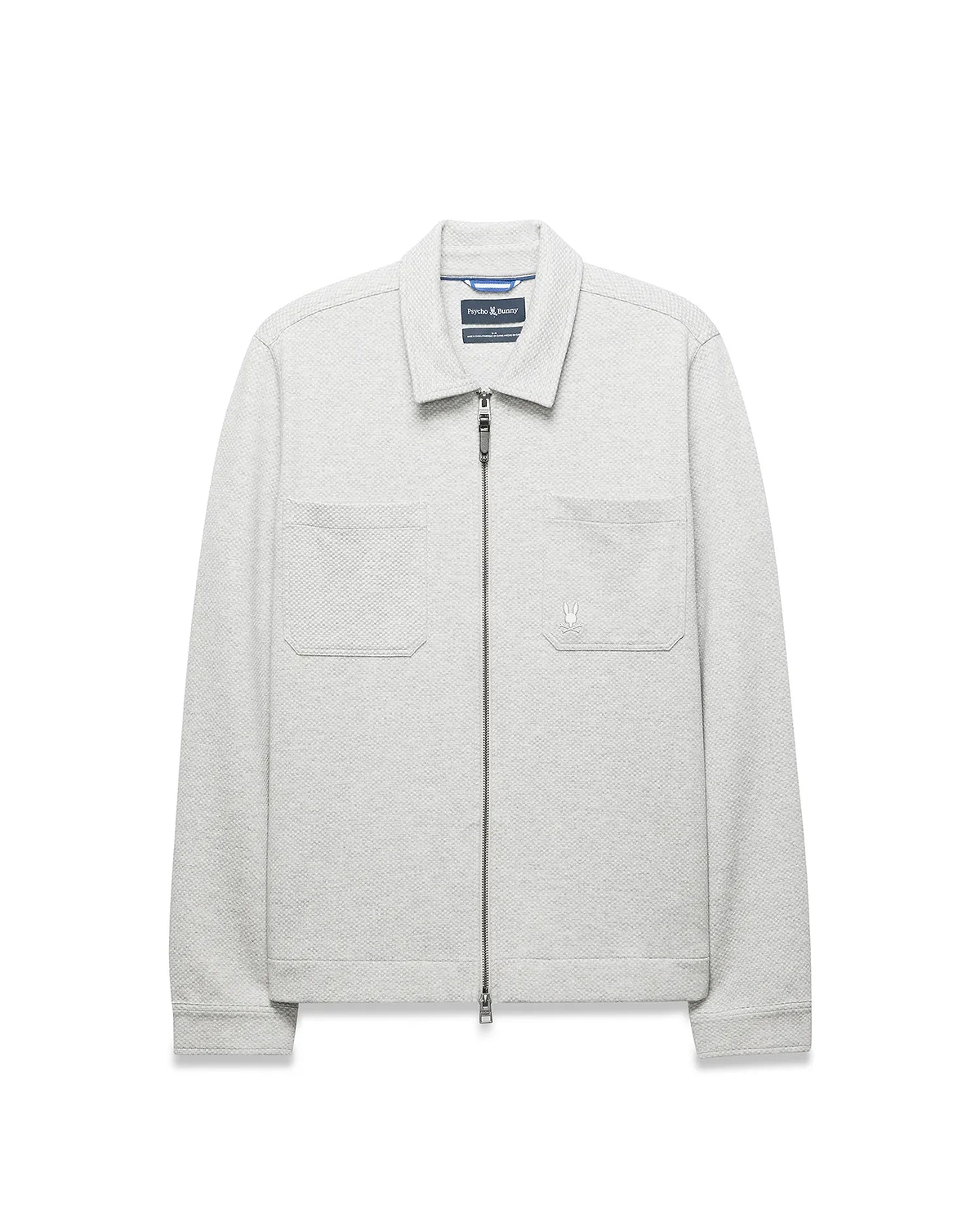 Light Grey Mens Marc Textured Overshirt with a classic fit, full zip, collared neckline, two chest patch pockets, and a small embroidered Psycho Bunny skull logo on the right pocket. (6)