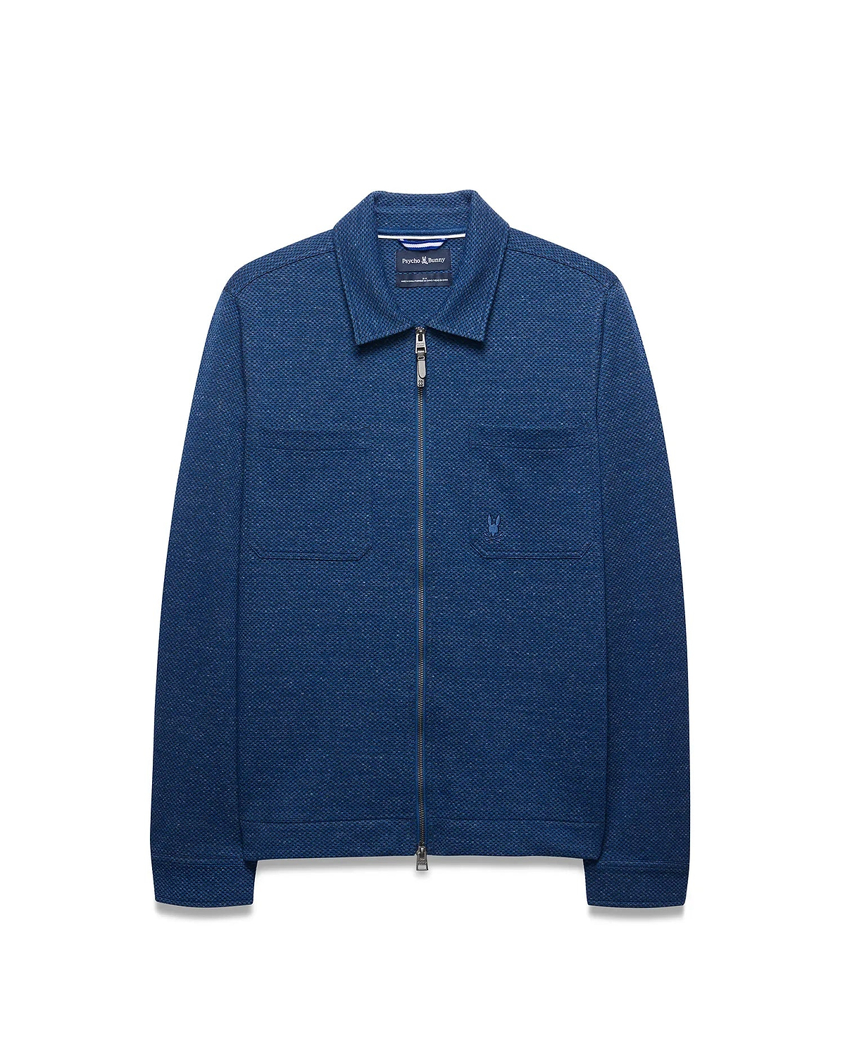 Mens Marc Textured Overshirt in deep indigo blue, featuring a full-zip front, classic collar, two chest patch pockets, and a small embroidered Psycho Bunny skull logo on the left chest. (6)