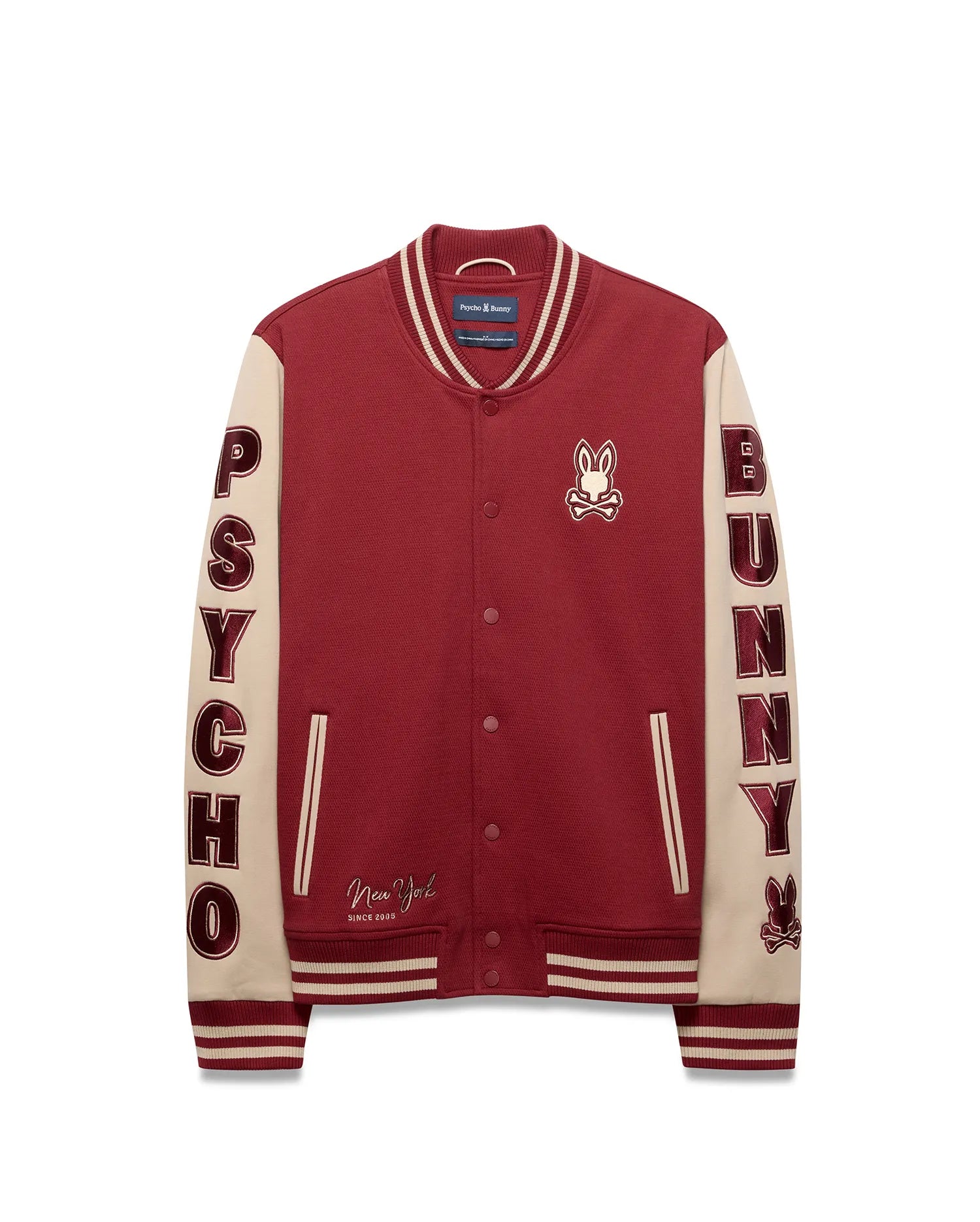 Mens Reilly Knit Bomber in maroon knit with cream sleeves, featuring large embroidered PSYCHO and BUNNY lettering, a chest bunny skull logo, New York Since 2005 detail, and striped ribbed trim.