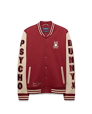 Mens Reilly Knit Bomber in maroon knit with cream sleeves, featuring large embroidered PSYCHO and BUNNY lettering, a chest bunny skull logo, New York Since 2005 detail, and striped ribbed trim.