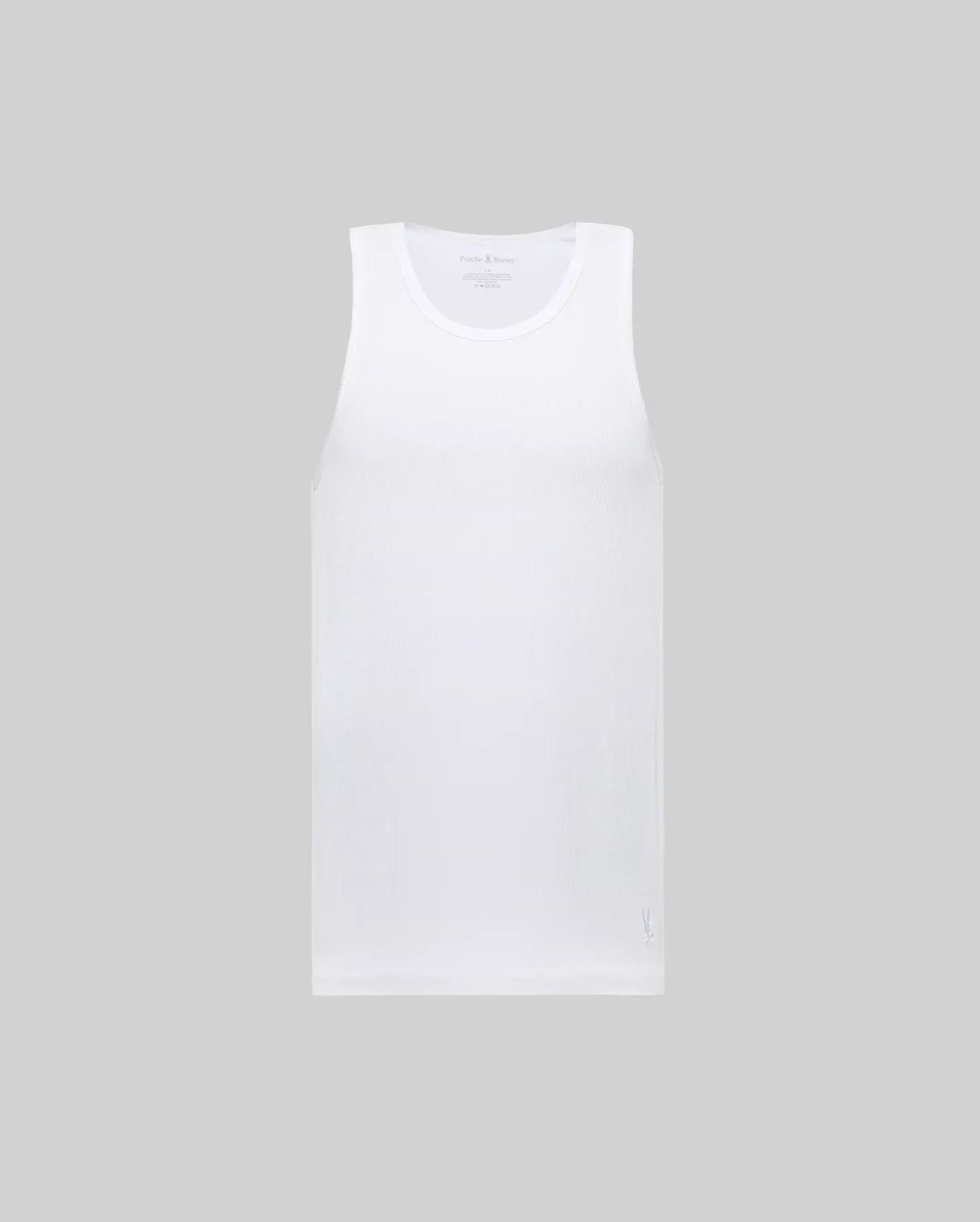 The Psycho Bunny MENS 2 PACK TANK TOP - MO1400001, featuring plain white sleeveless tops crafted from a premium cotton-modal blend, is displayed against a light gray background.