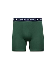 Mens 3-Pack Boxer Brief in dark green, featuring a classic fit and smooth jersey knit fabric. The navy blue waistband displays a repeating white Psycho Bunny logo and text.