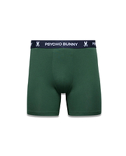 Mens 3-Pack Boxer Brief in dark green, featuring a classic fit and smooth jersey knit fabric. The navy blue waistband displays a repeating white Psycho Bunny logo and text.