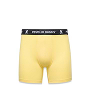 Mens 3-Pack Boxer Brief in bright yellow, featuring a black elastic waistband with repeated white Psycho Bunny text and iconic bunny skull logos, smooth jersey knit fabric, classic fit.