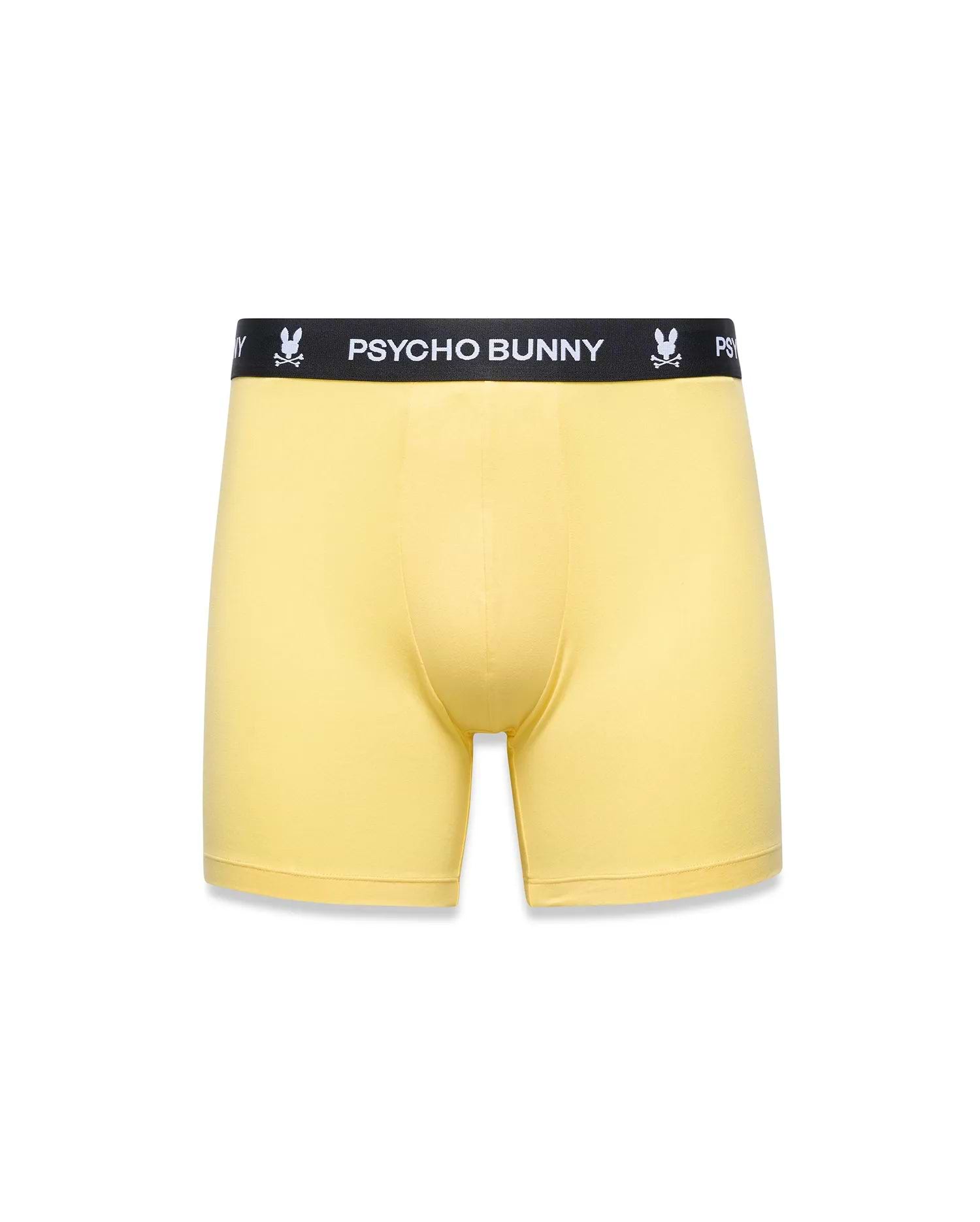 Mens 3-Pack Boxer Brief in bright yellow, featuring a black elastic waistband with repeated white Psycho Bunny text and iconic bunny skull logos, smooth jersey knit fabric, classic fit.