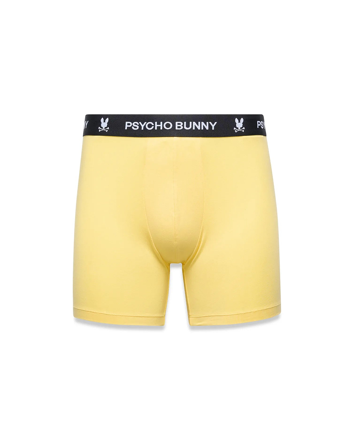 Mens 3-Pack Boxer Brief in bright yellow, featuring a black elastic waistband with repeated white Psycho Bunny text and iconic bunny skull logos, smooth jersey knit fabric, classic fit.