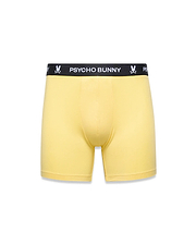 Mens 3-Pack Boxer Brief in bright yellow, featuring a black elastic waistband with repeated white Psycho Bunny text and iconic bunny skull logos, smooth jersey knit fabric, classic fit.