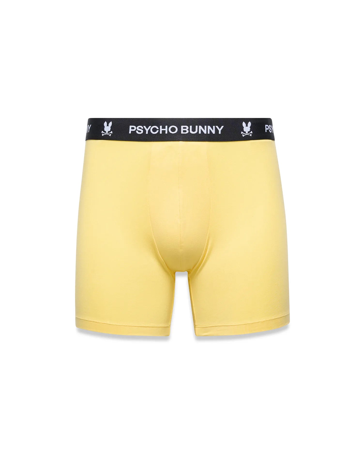 Mens 3-Pack Boxer Brief in bright yellow, featuring a black elastic waistband with repeated white Psycho Bunny text and iconic bunny skull logos, smooth jersey knit fabric, classic fit.