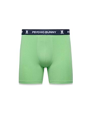 Mens 3-Pack Boxer Brief in light green, featuring a classic fit and smooth jersey knit. The navy elastic waistband displays repeated white Psycho Bunny skull logos and brand text.