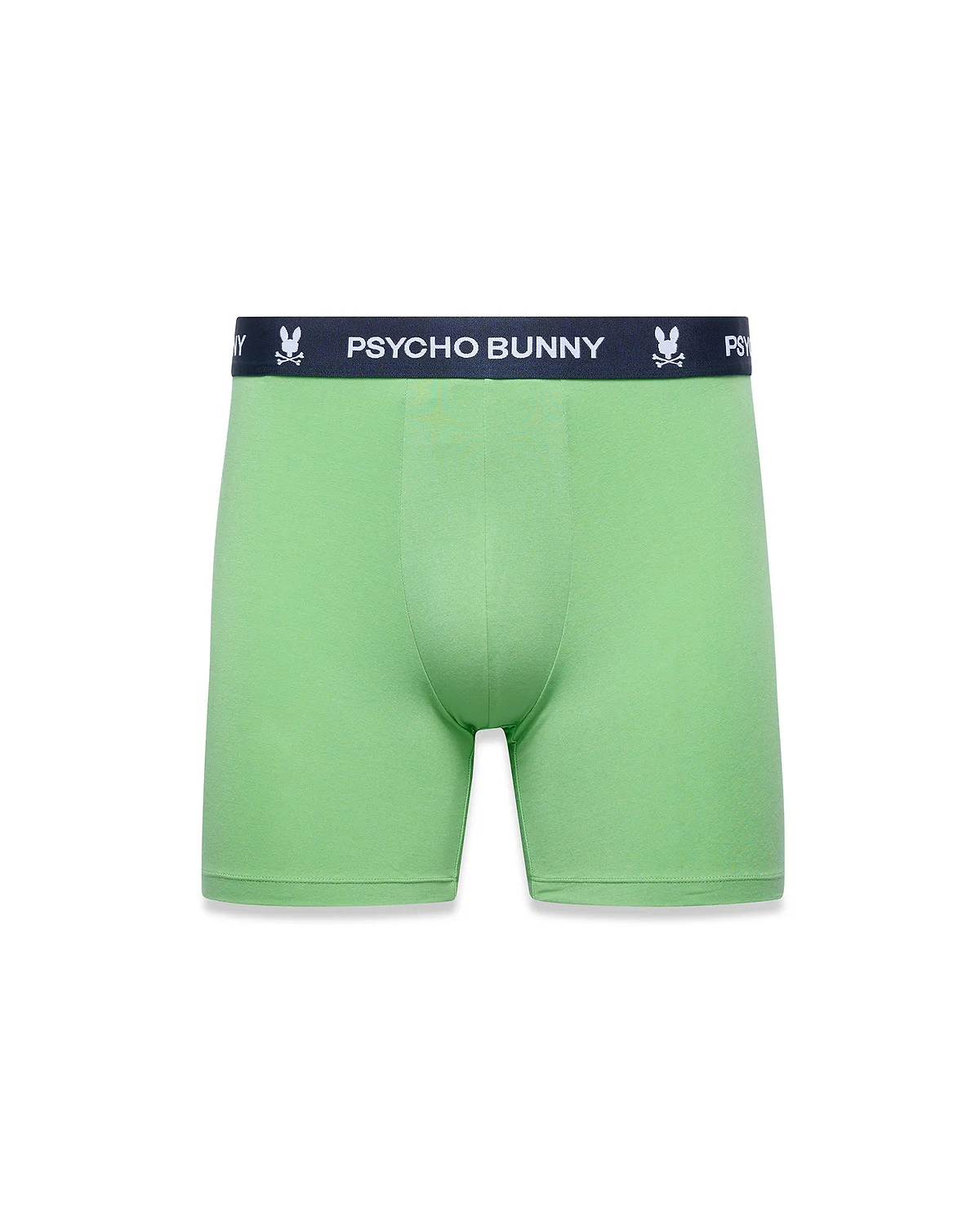 Mens 3-Pack Boxer Brief in light green, featuring a classic fit and smooth jersey knit. The navy elastic waistband displays repeated white Psycho Bunny skull logos and brand text.