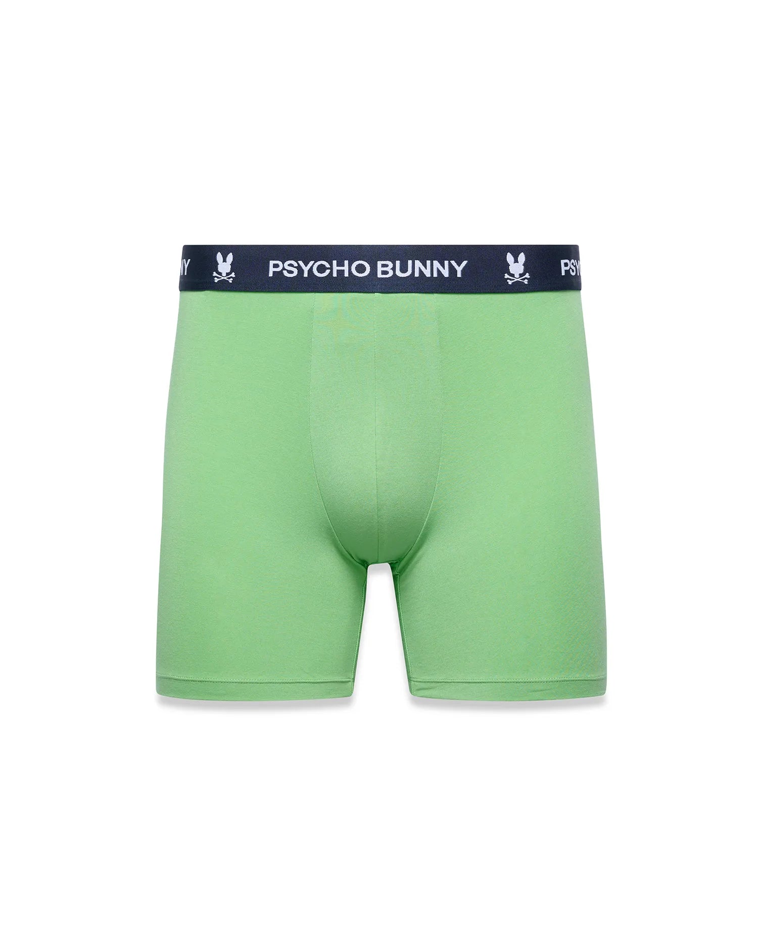 Mens 3-Pack Boxer Brief in light green, featuring a classic fit and smooth jersey knit. The navy elastic waistband displays repeated white Psycho Bunny skull logos and brand text.