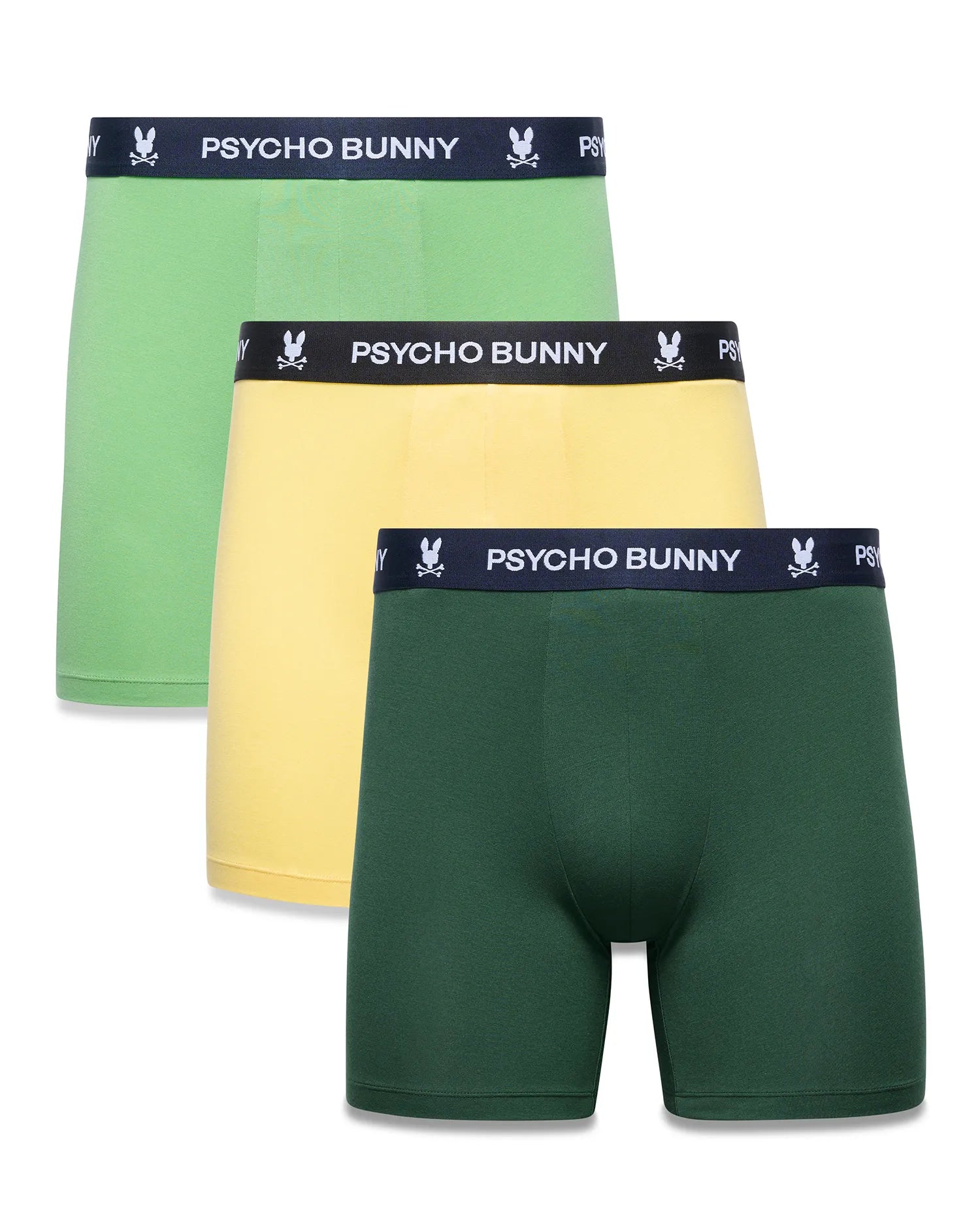 Mens 3-Pack Boxer Brief in light green, yellow, and dark green, featuring a black elastic waistband with repeated white Psycho Bunny text and skull bunny logos. Smooth jersey knit, classic fit.