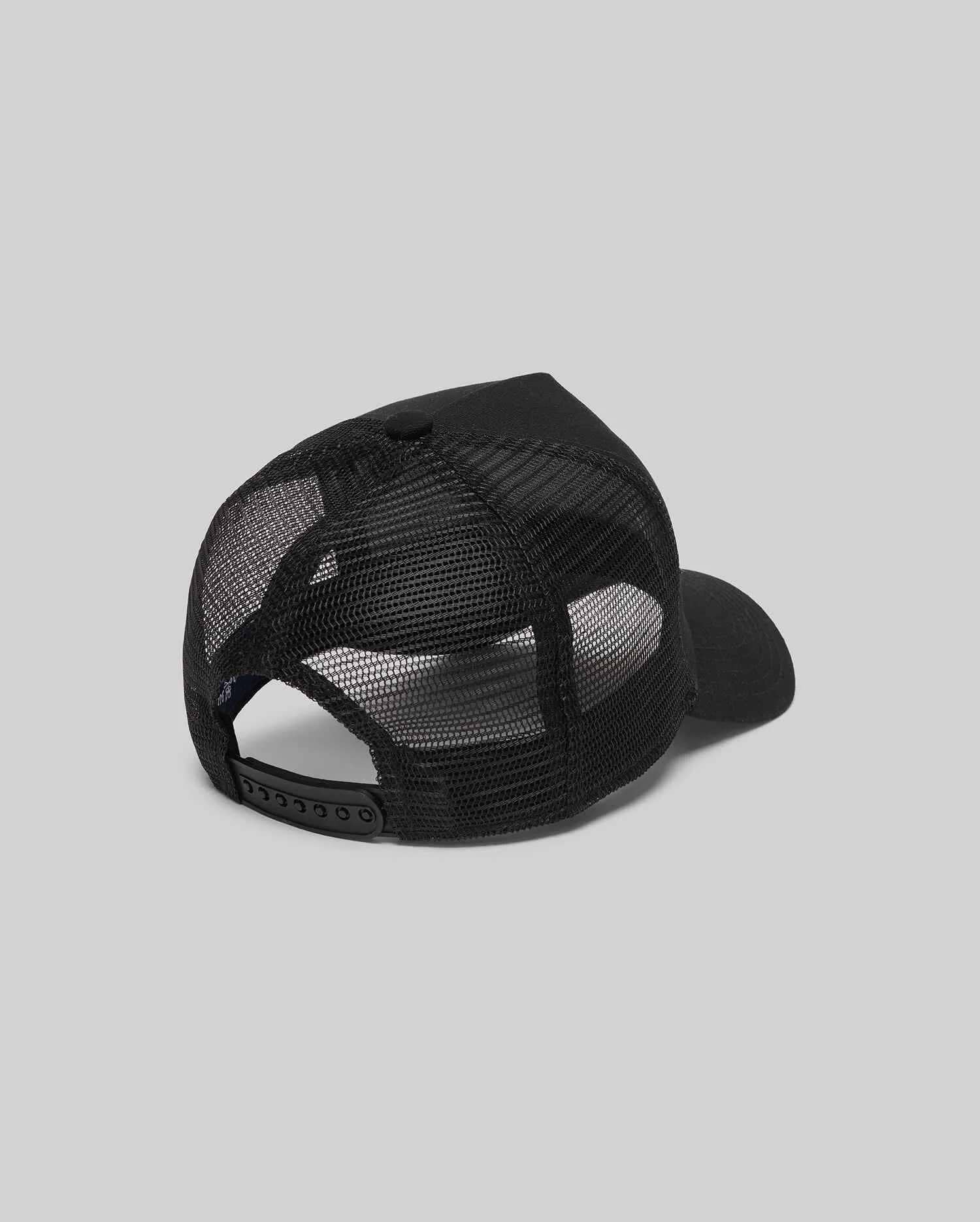Black MENS ADAMO TRUCKER CAP featuring a breathable mesh back, solid front panel, and an adjustable snapback closure for a comfortable, classic fit.