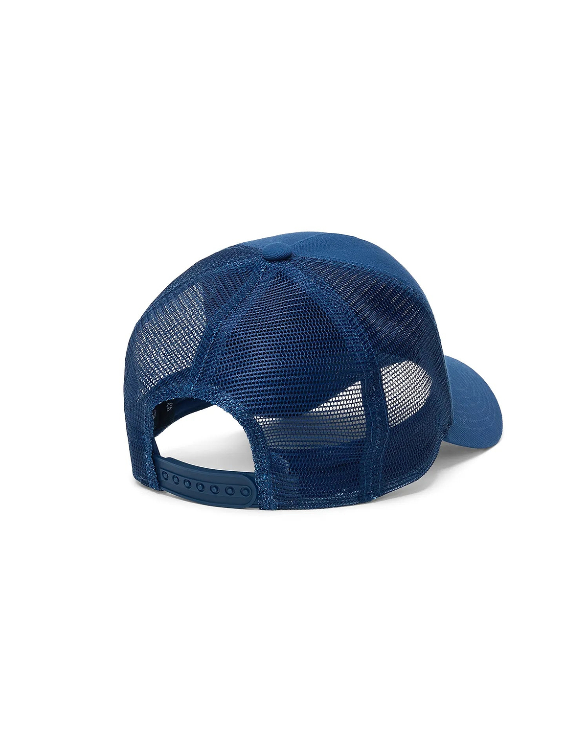 Mens Adamo Bunny Trucker Cap in rich navy blue, featuring a premium solid crown and brim, breathable mesh side and back panels, and an adjustable snapback closure.