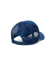 Mens Adamo Bunny Trucker Cap in rich navy blue, featuring a premium solid crown and brim, breathable mesh side and back panels, and an adjustable snapback closure.