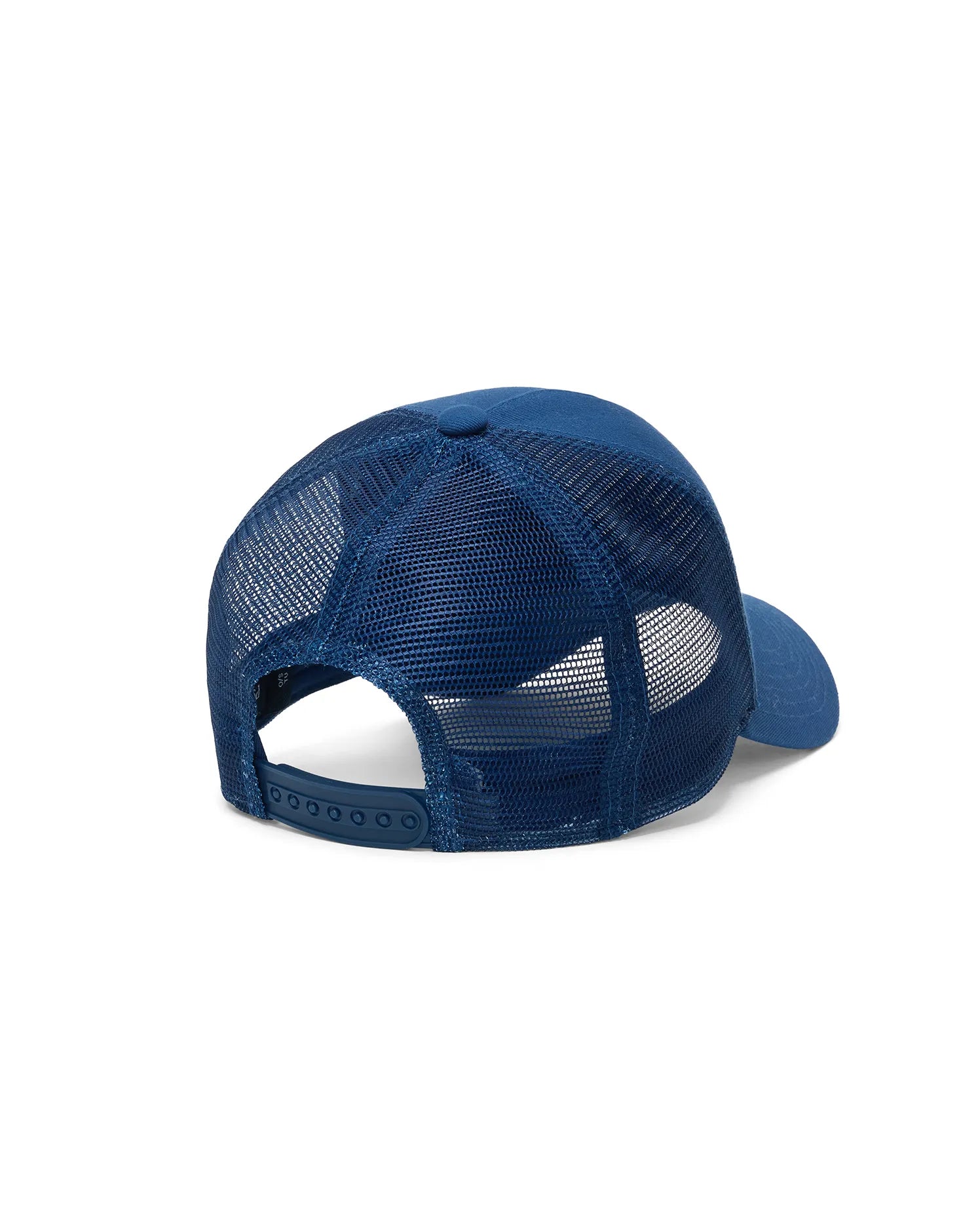 Mens Adamo Bunny Trucker Cap in rich navy blue, featuring a premium solid crown and brim, breathable mesh side and back panels, and an adjustable snapback closure.