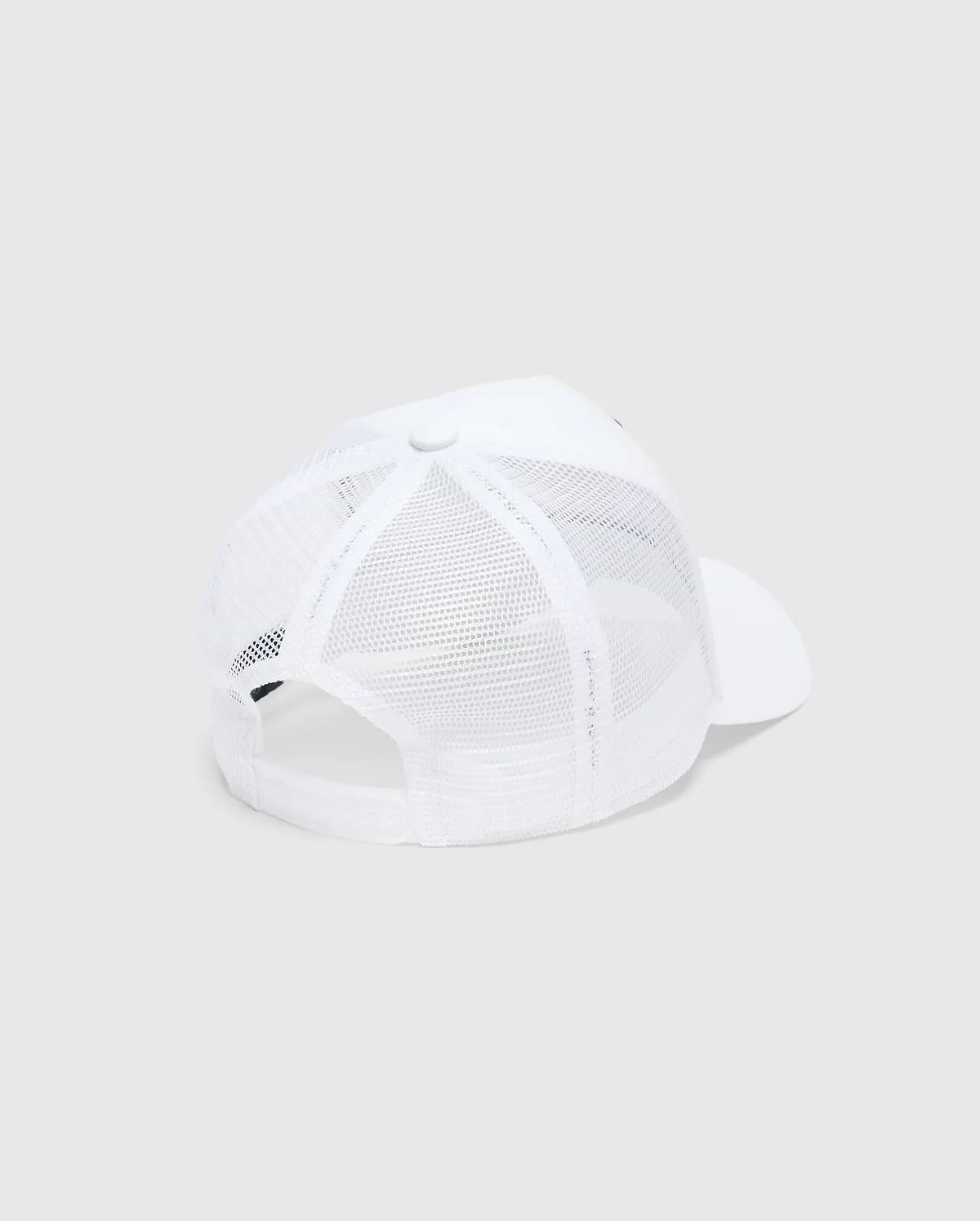 White Mens Adamo Trucker Cap featuring a breathable mesh back, a solid front panel, and an adjustable snapback closure for a classic, comfortable fit.