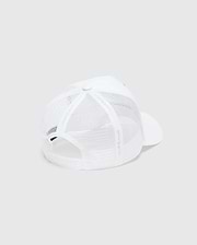 White Mens Adamo Trucker Cap featuring a breathable mesh back, a solid front panel, and an adjustable snapback closure for a classic, comfortable fit.