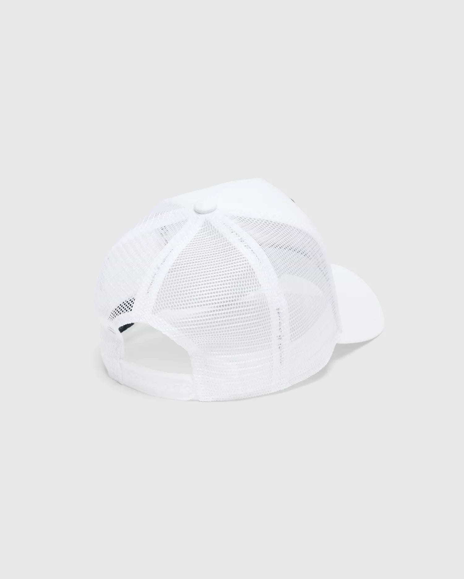 White Mens Adamo Trucker Cap featuring a breathable mesh back, a solid front panel, and an adjustable snapback closure for a classic, comfortable fit.