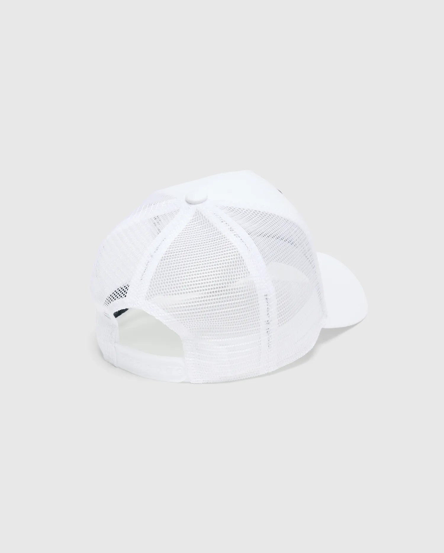 White Mens Adamo Trucker Cap featuring a breathable mesh back, a solid front panel, and an adjustable snapback closure for a classic, comfortable fit.