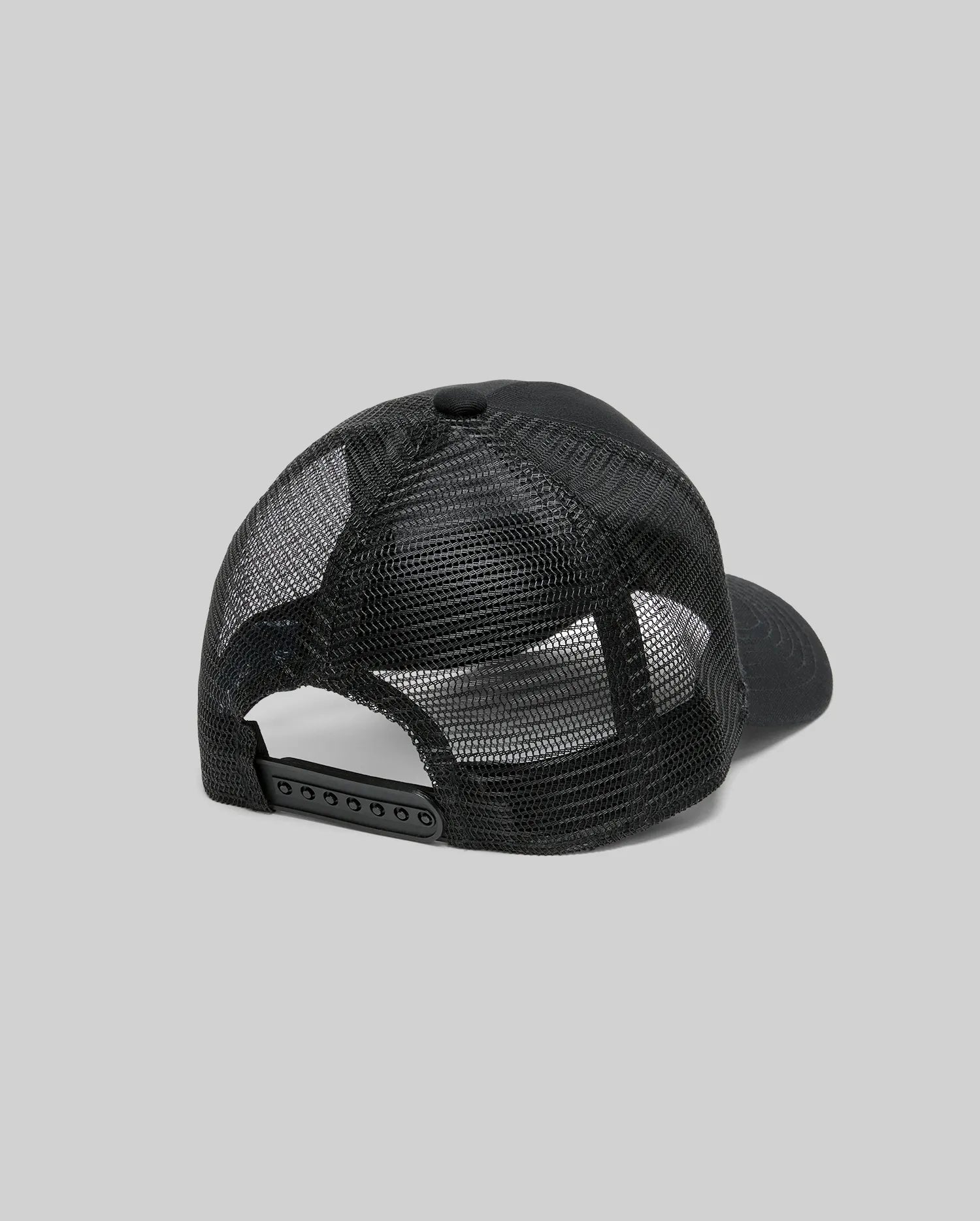 Black Mens Adamo Trucker Cap with breathable mesh back panels, an adjustable snapback closure, and a solid black brim and top button.