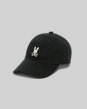 Black Jimmy Baseball Cap with a classic fit, featuring a prominent white embroidered Psycho Bunny skull logo on the front, made from durable cotton twill.