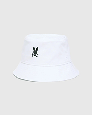 Mens Jimmy Bucket Hat in crisp white cotton twill, featuring a prominent black embroidered Psycho Bunny skull logo centered on the front, with subtle ventilation eyelets.