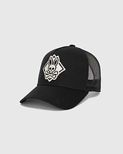 Mens Tobias Trucker Cap, black with a large, white embroidered Psycho Bunny skull logo in a diamond outline on the front, featuring breathable mesh back panels and a cotton twill front.
