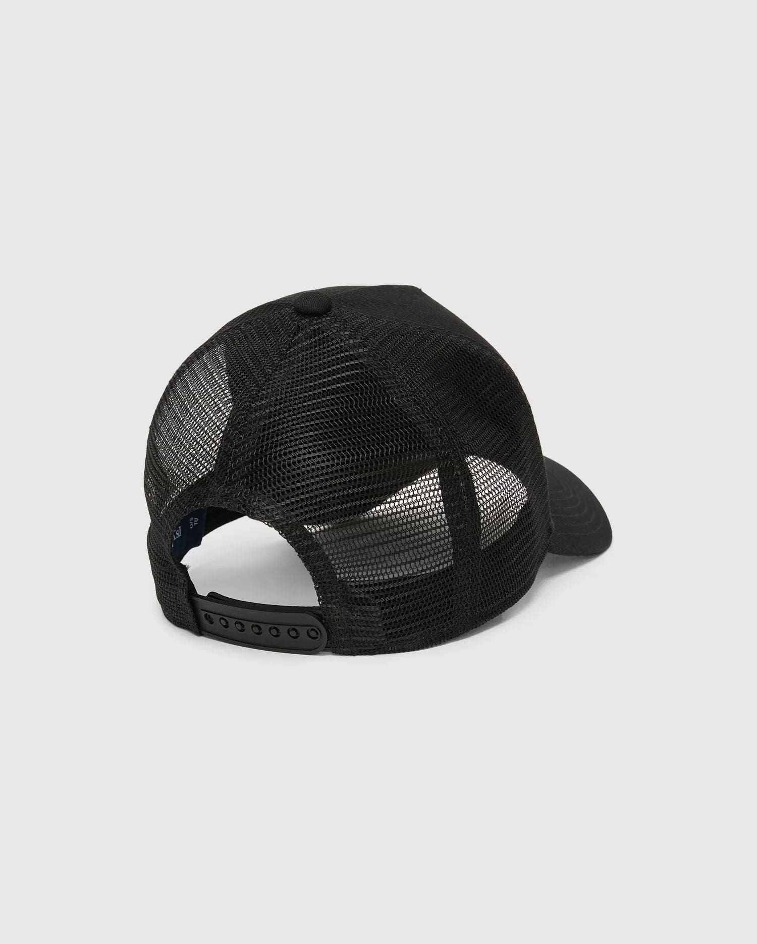 Mens Tobias Trucker Cap, black with breathable mesh back panels, solid front, and an adjustable snapback closure, featuring the iconic Psycho Bunny skull logo.