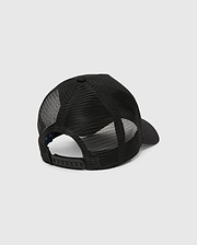 Mens Tobias Trucker Cap, black with breathable mesh back panels, solid front, and an adjustable snapback closure, featuring the iconic Psycho Bunny skull logo.