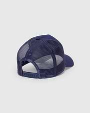 Mens Ethan Trucker Cap in navy blue, featuring breathable mesh back panels, a solid fabric crown and brim, and an adjustable snapback closure with subtle Psycho Bunny branding.