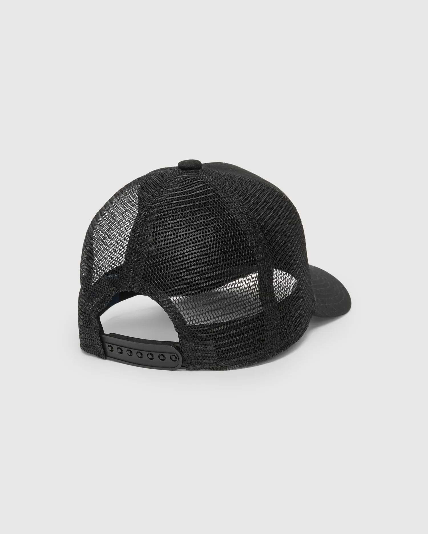 Black Mens Frank Trucker Cap featuring a classic five-panel design with breathable mesh rear panels and an adjustable snapback closure for a custom fit.