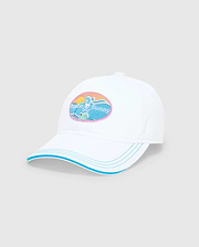 Mens Ray Baseball Cap in white with a blue-trimmed brim and matching stitching. Features a large, colorful embroidered oval patch on the front with the Psycho Bunny skull logo, sun, and waves in pink, yellow, and teal.