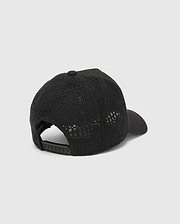 Black Mens Elijah Trucker Cap with breathable mesh back, solid front panel, and adjustable snapback closure, featuring subtle Psycho Bunny branding.